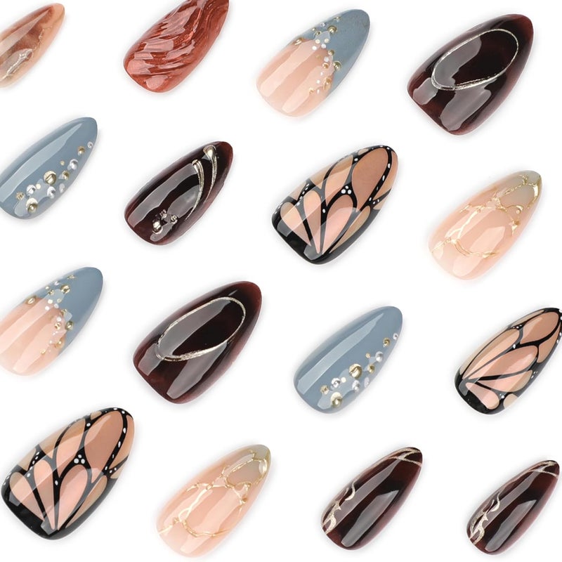 CTTHNBD Press on Nails Almond - Medium Fake Nails with Gold Line Rhinestone Design - Winter False Nails Press Ons - for Women Manicure 24 Pcs - Image 2